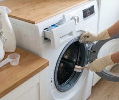Person wearing gloves cleaning a front-loading washing machine with a brush at the door, detergent jar and spray bottle nearby on a wooden counter.