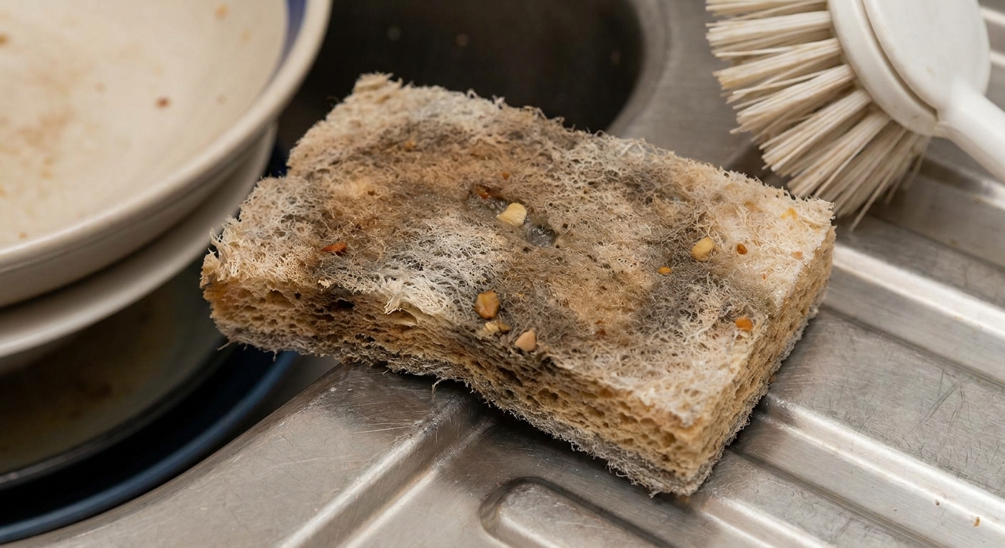 Used kitchen sponge with visible debris on its porous surface resting on a stainless steel sink, with a dish brush nearby.