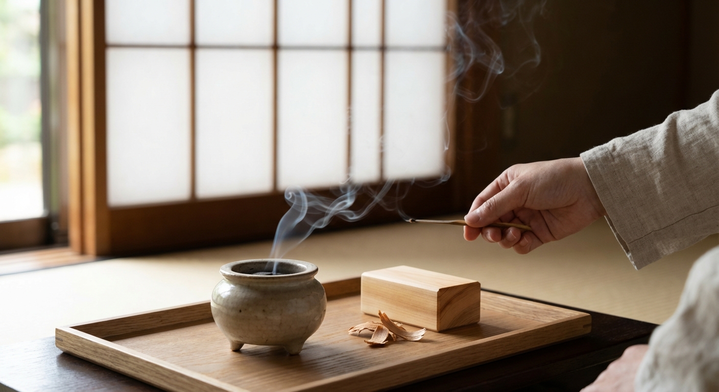 Overhead view of seashells and burning palo santo on a tray, perfect for minimalist designs.