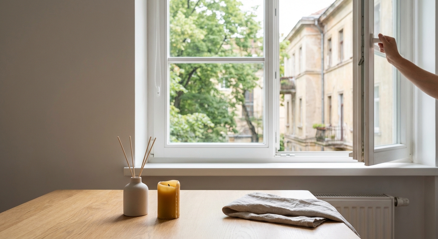 A man sits indoors with lit incense, creating a serene and spiritual ambiance.