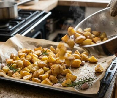 Roasted potato chunks on a parchment-lined pan, rosemary sprigs scattered, as someone pours more potatoes from a metal bowl into the tray.