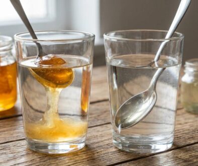 Two tall drinking glasses on a wooden table; one has honey being stirred, the other has a spoon resting inside a clear glass. A honey jar sits in the background.