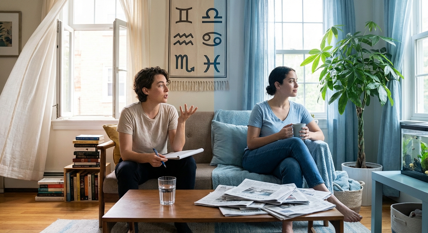 Young couple engaged in a conversation in a stylish kitchen with fresh fruits.