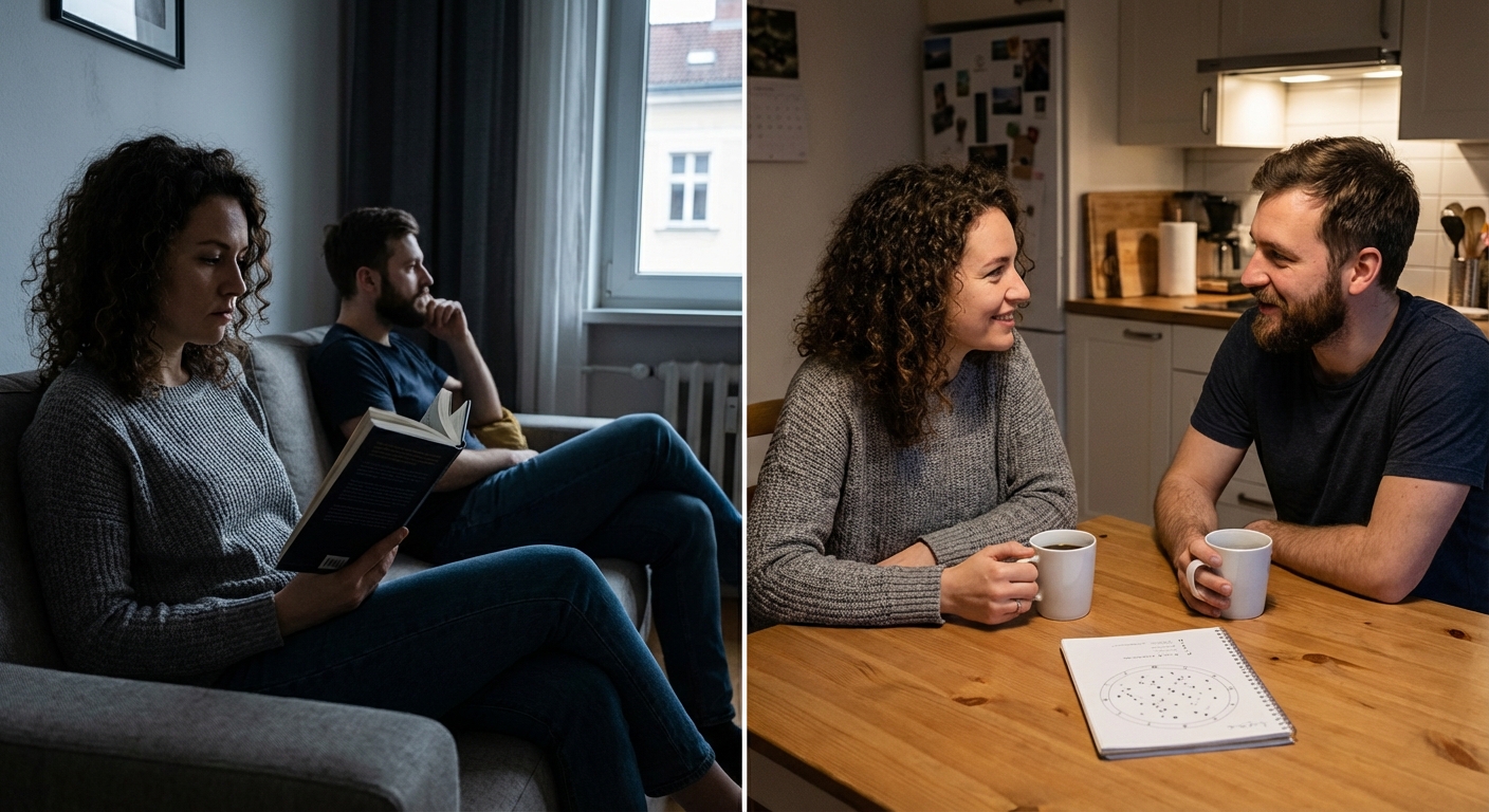A couple engages in a heated discussion on a comfortable sofa in a modern living space.