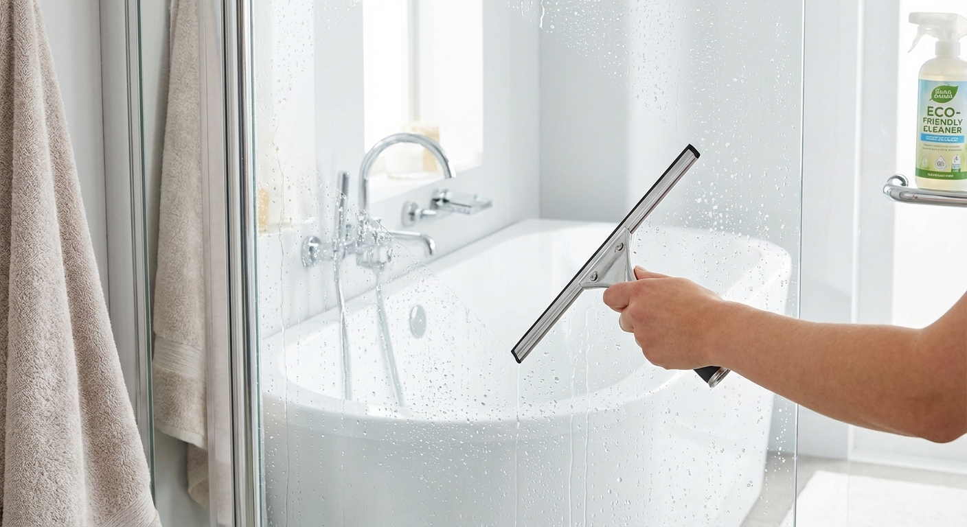 Close-up of a pumice stone and towel by a bathtub with toiletries in a contemporary bathroom setting.