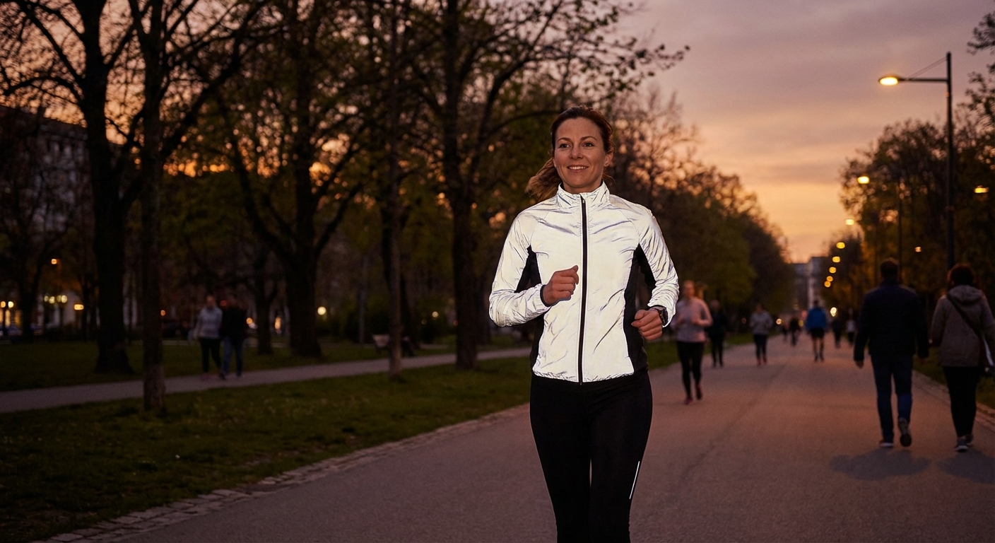 A man jogging along a forest pathway at twilight surrounded by lush greenery.