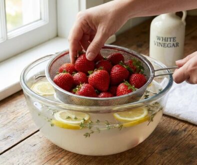 Hands hold a metal strainer full of fresh strawberries over a glass bowl of water with lemon slices and herbs inside a wooden counter kitchen scene.