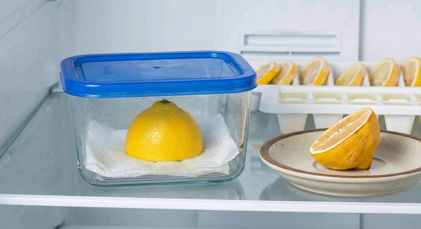 Close-up of a fresh lemon being sliced with a knife on a wooden surface.