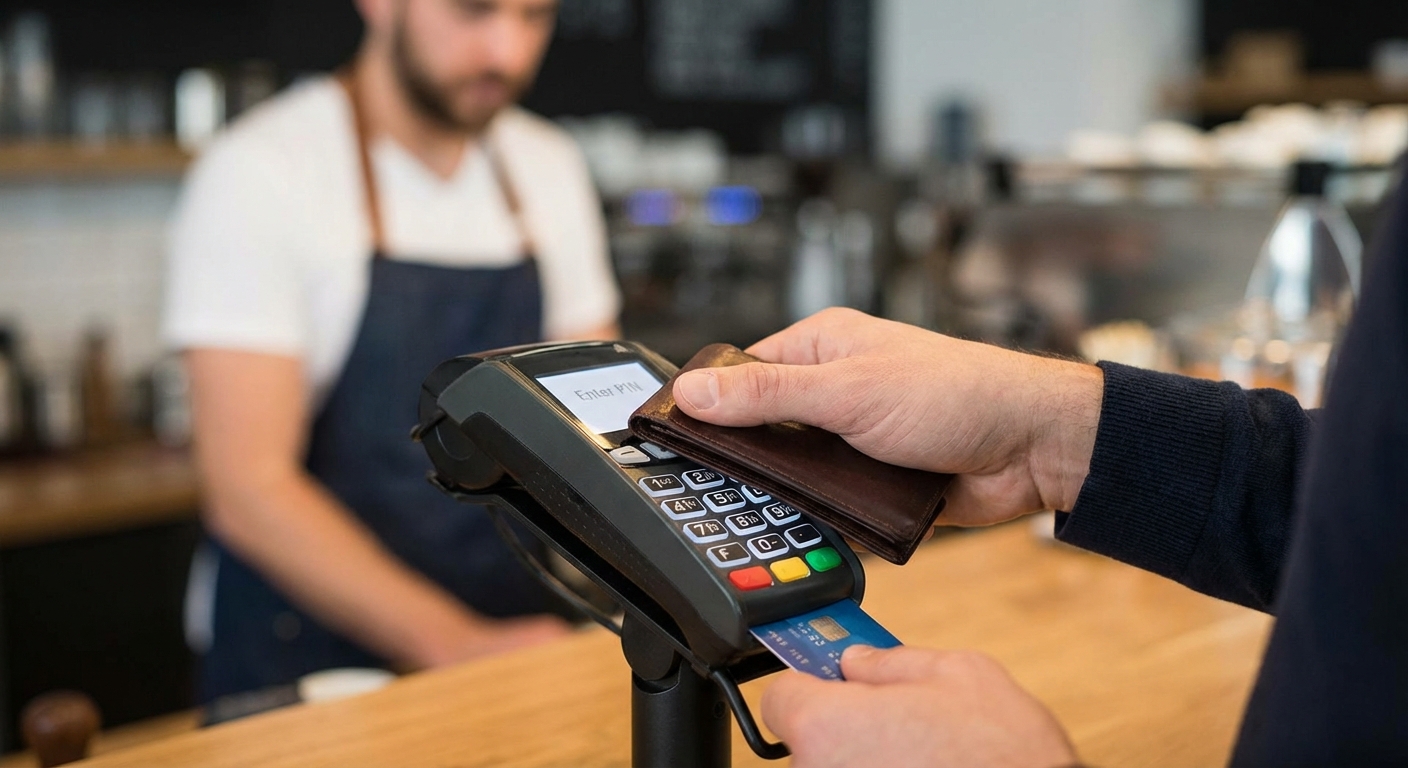 Hands using contactless payment on a POS terminal, highlighting cashless transactions.