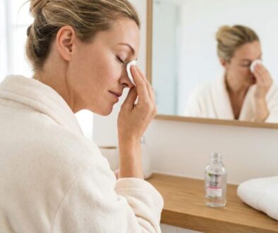 Woman in a white bathrobe wipes her eye with a cotton pad in front of a bathroom mirror.