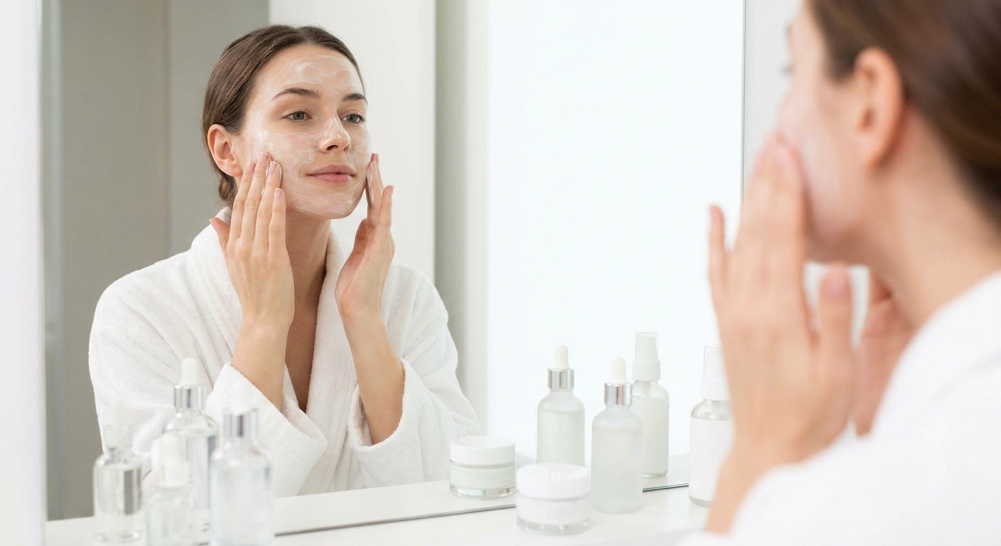 Woman in a white bathrobe applying facial cream while looking in a mirror, surrounded by skincare bottles on the counter