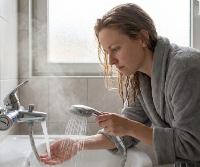 Woman in a gray bathrobe rinsing her hands under running water from a handheld shower at a tiled bathroom sink, near a window.