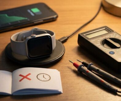 Smartwatch on a wireless charger with a nearby charging phone, an open notebook showing a battery icon and clock, and a digital multimeter with probes on a desk.