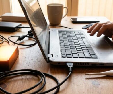 Hand on a silver laptop keyboard at a wooden desk, with tangled cables, an external drive, a digital thermometer, and a mug in the background.