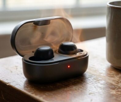 Wireless earbuds in an open charging case with a red status light on a wooden table beside a steaming mug.