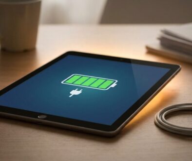 Tablet on a wooden desk displaying a charging battery icon on screen with a coiled charger nearby