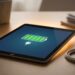 Tablet on a wooden desk displaying a charging battery icon on screen with a coiled charger nearby
