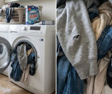 Laundry room with a front-loading washer and dryer; a laundry basket sits on top with detergent nearby on the dryer surface.