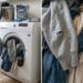 Laundry room with a front-loading washer and dryer; a laundry basket sits on top with detergent nearby on the dryer surface.