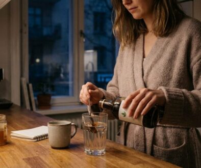 Person in a cozy kitchen pours a liquid from a bottle into a glass, with a mug, notebook, honey jar, and wooden counter nearby.