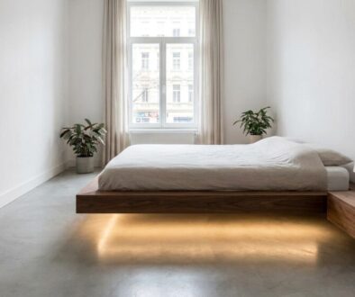 Minimalist bedroom with a floating wooden platform bed, warm under-bed lighting, beige curtains, and potted plants.
