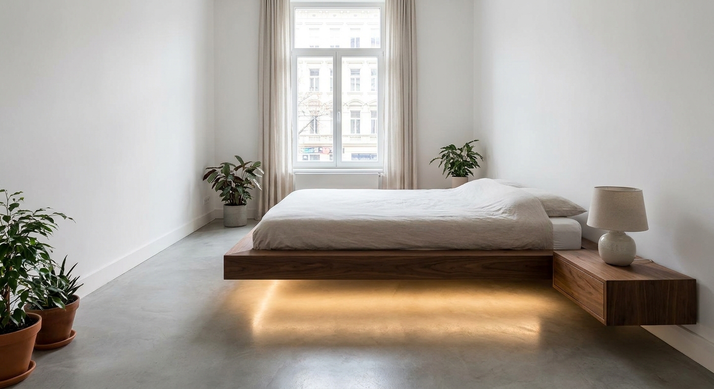 Minimalist bedroom with a floating wooden platform bed, warm under-bed lighting, beige curtains, and potted plants.