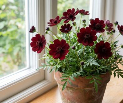 A terracotta pot with dark red flowers and green fernlike leaves sits on a wooden windowsill beside a bright window.