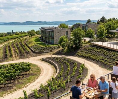 Terraced vineyard with a modern building and a lakeside view, where a group shares a meal on a patio.