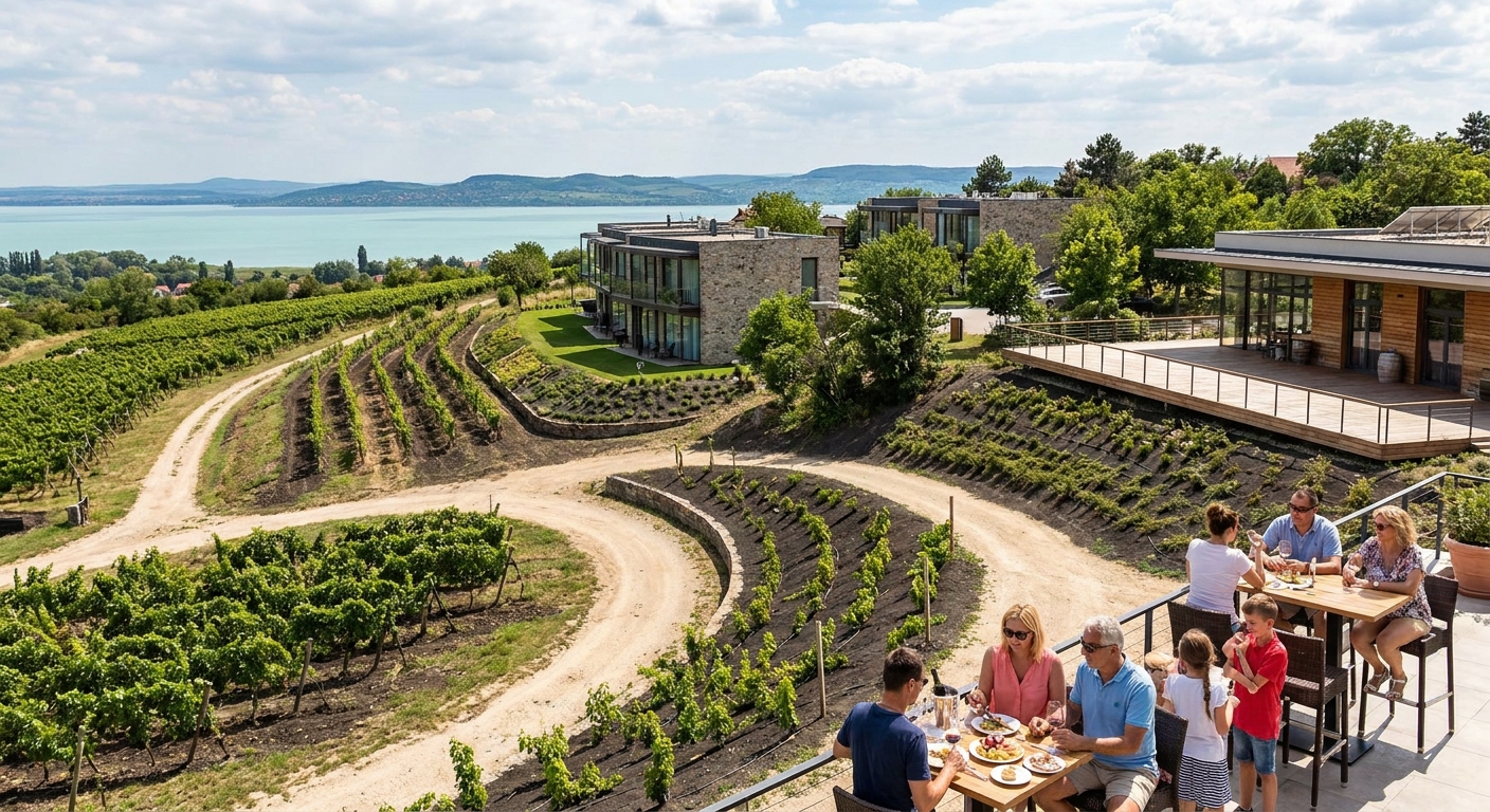 Terraced vineyard with a modern building and a lakeside view, where a group shares a meal on a patio.