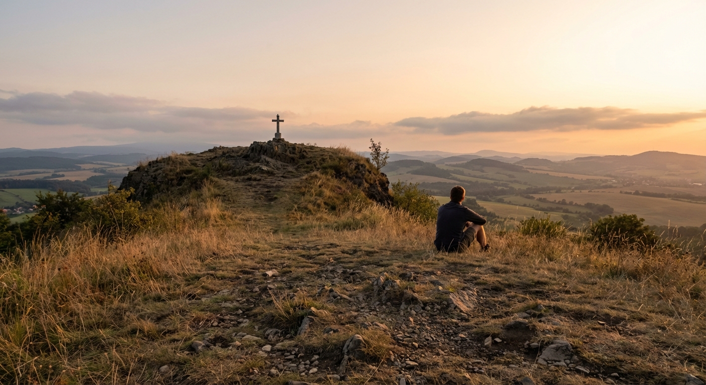 Scenic view of a tranquil Czech village surrounded by lush hills at sunset, under an orange sky.