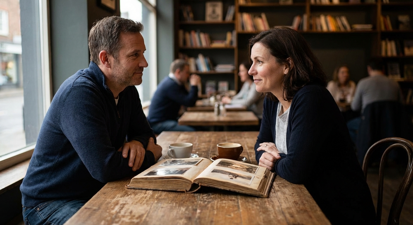 Elderly couple enjoying a romantic moment with rose and wine in a cozy home library.