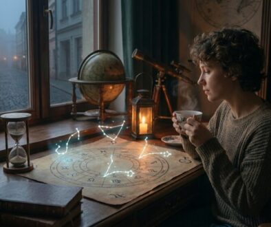 Woman in a knit sweater sits at a wooden desk by a window, sipping tea as a glowing constellation map hovers over an old map surrounded by globes and a telescope.