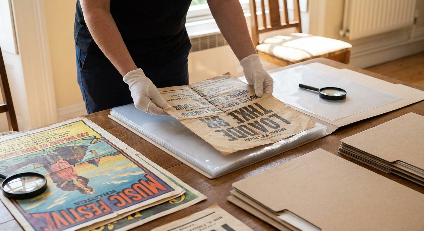 A moody scene featuring vintage music posters on a red wall with subtle lighting effects.