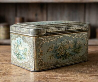 Vintage decorative tin box with blue floral panels and gold scrollwork on a wooden table.