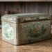 Vintage decorative tin box with blue floral panels and gold scrollwork on a wooden table.