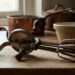 Vintage manual hand mixer with beaters on a wooden kitchen counter, bowls and copper pots in the background