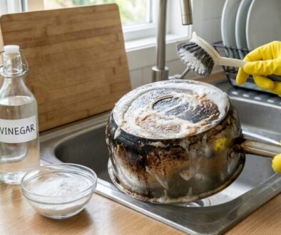 Person wearing yellow gloves scrubs a burnt pot at a kitchen sink using a brush; cleaning bottles (vinegar and dish soap) nearby.
