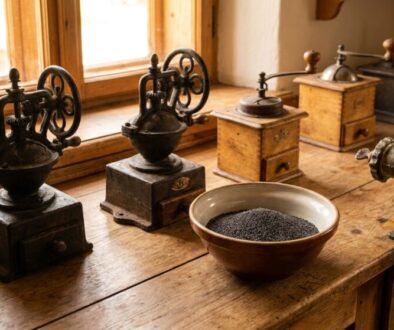 Row of antique manual coffee grinders on a wooden counter with a bowl of coffee beans nearby.