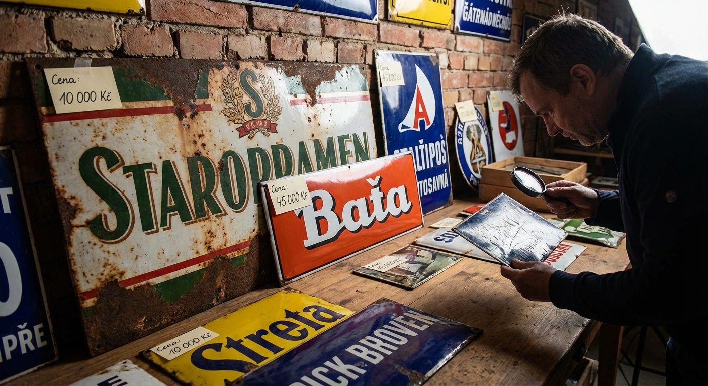 A vintage display of retro signs and art showcasing nostalgia and art deco styles.