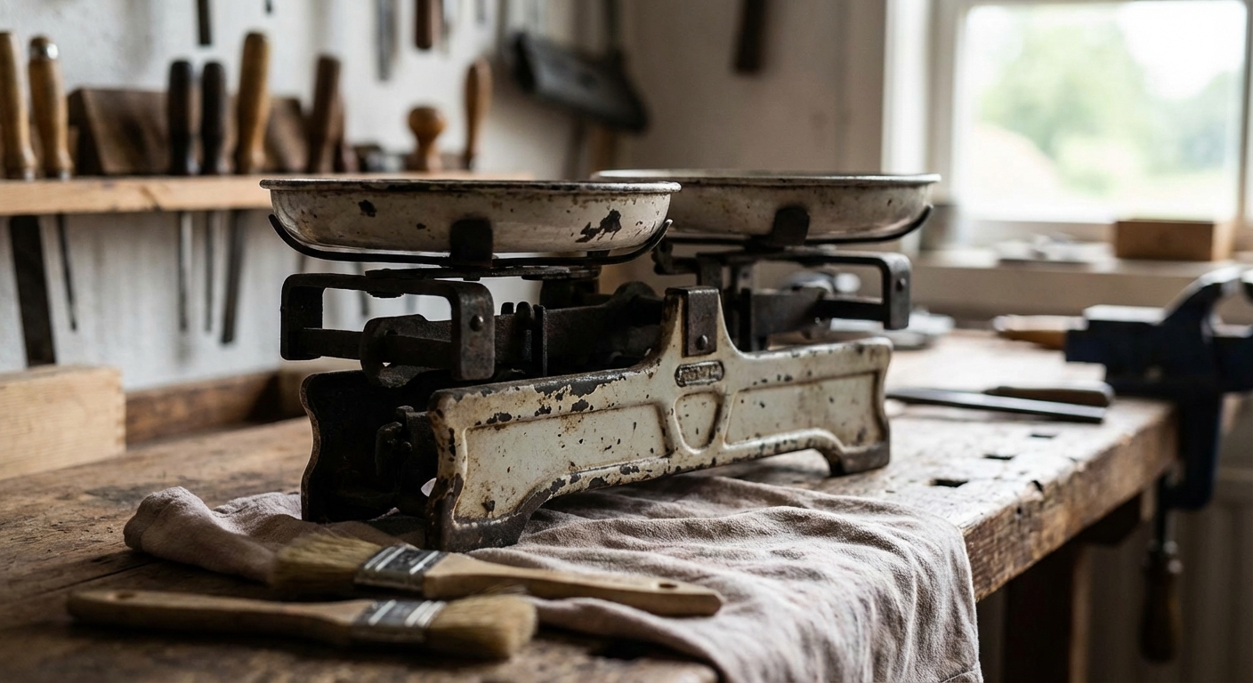 Close-up of an antique rusty weighing scale showing its weathered dial and numbers.