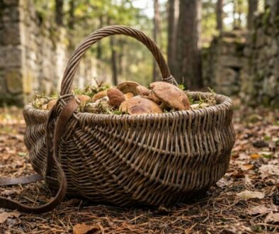 Basket of wild mushrooms resting on a forest floor covered in fallen leaves.