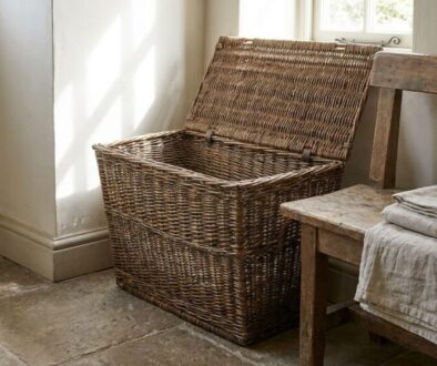 Open wicker laundry basket beside a rustic wooden bench with folded linens on it in a sunlit corner of a room.