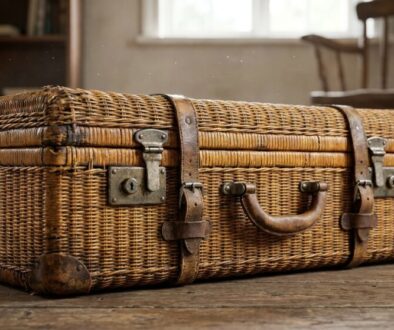 Vintage wicker suitcase with leather straps on a wooden floor.