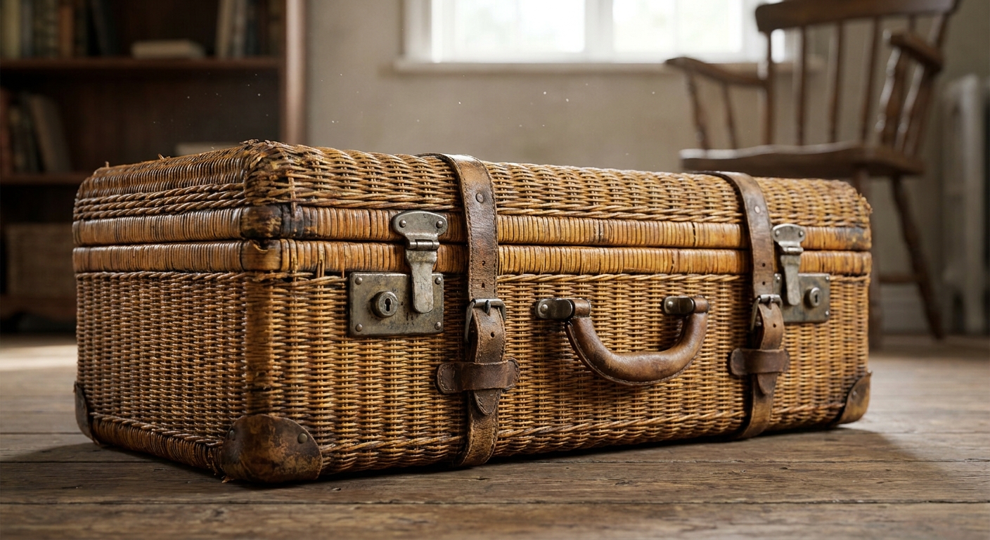 Vintage wicker suitcase with leather straps on a wooden floor.