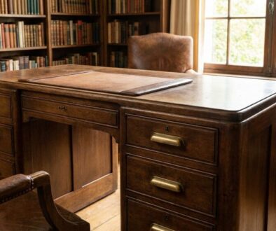 Vintage wooden desk in a cozy library with leather chairs and tall bookshelves.