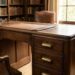 Vintage wooden desk in a cozy library with leather chairs and tall bookshelves.