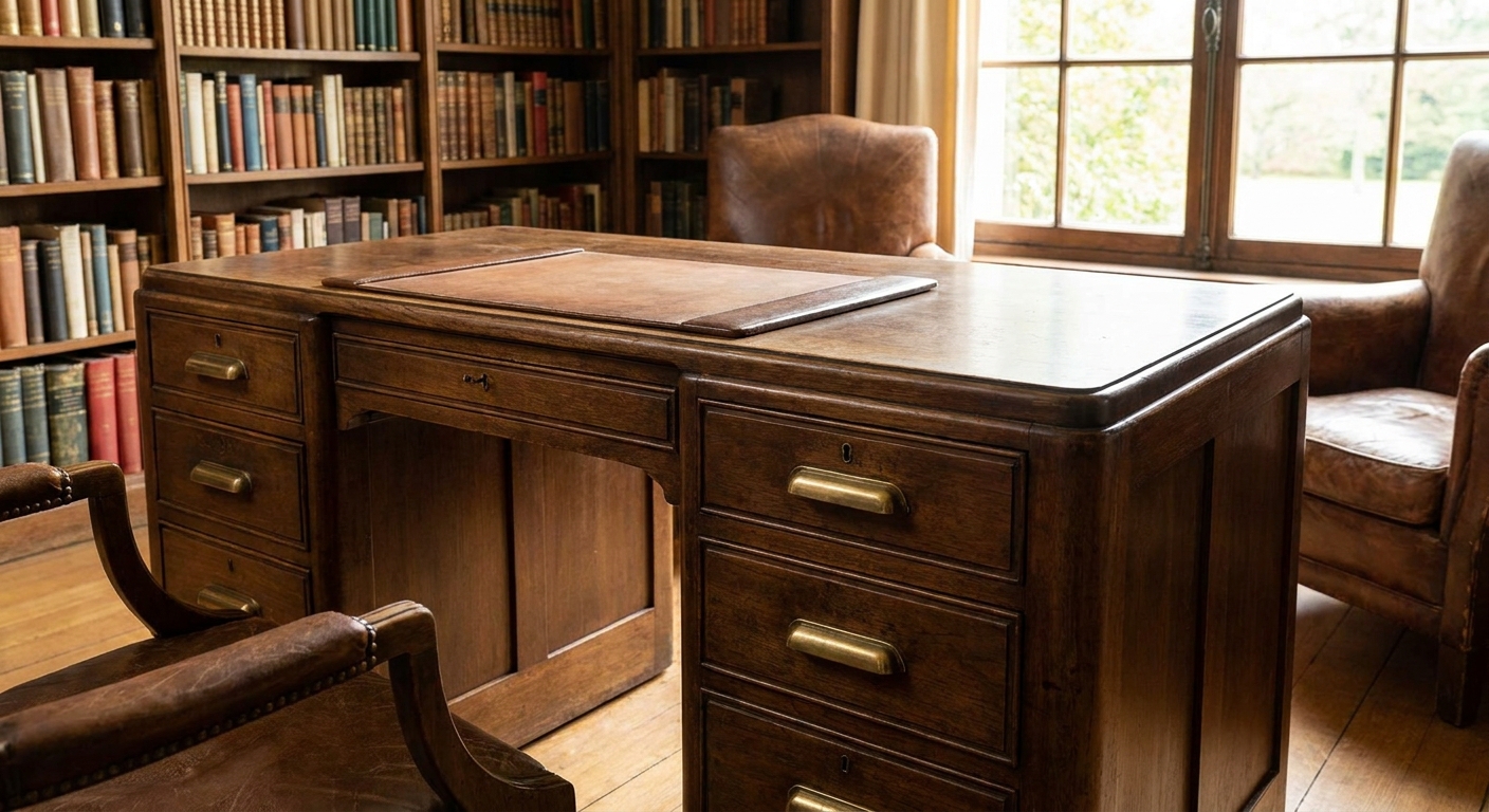 Vintage wooden desk in a cozy library with leather chairs and tall bookshelves.