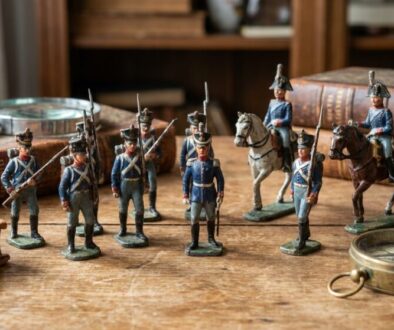 Row of blue-coated toy soldiers with rifles on a wooden desk, beside old books and a compass.”