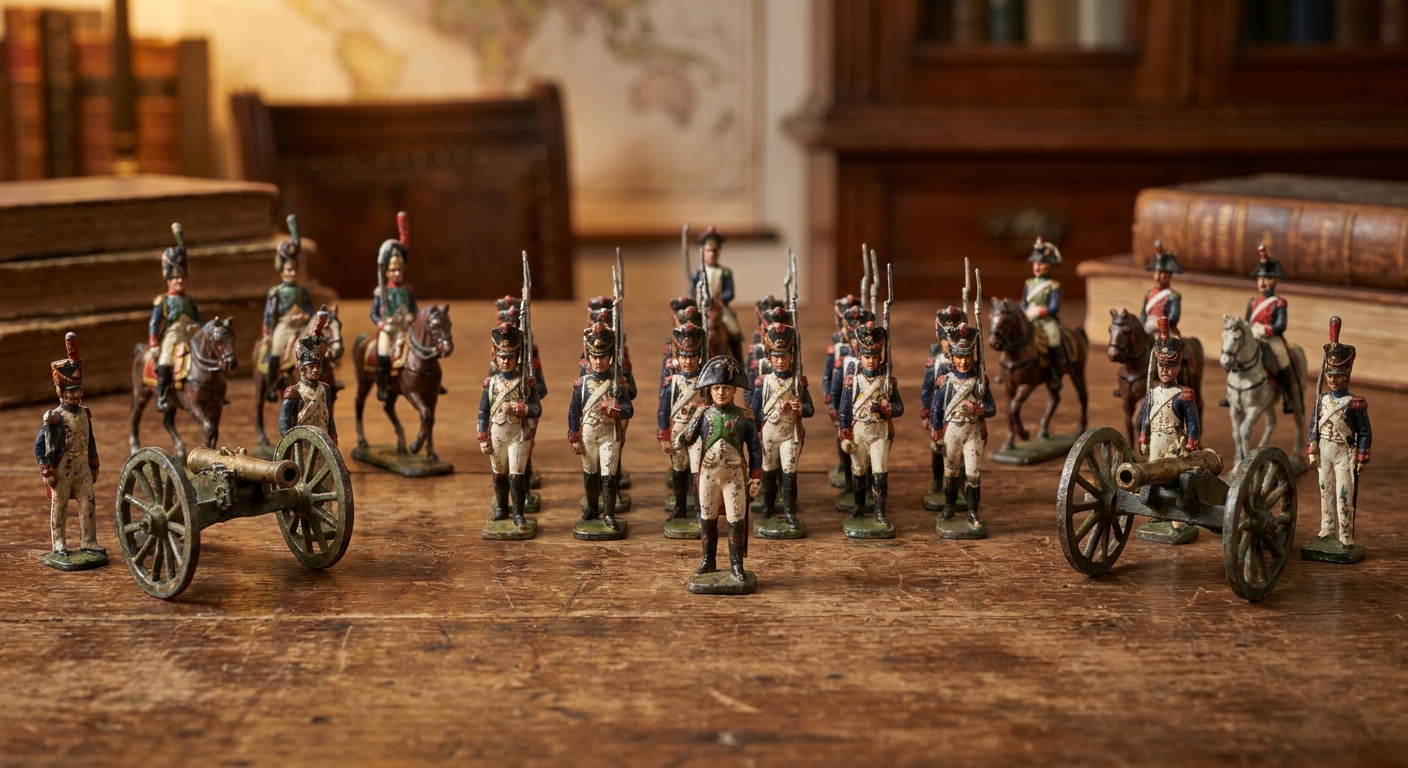Miniature military figures arranged in rows with two small cannons on a wooden table, as if a tabletop display