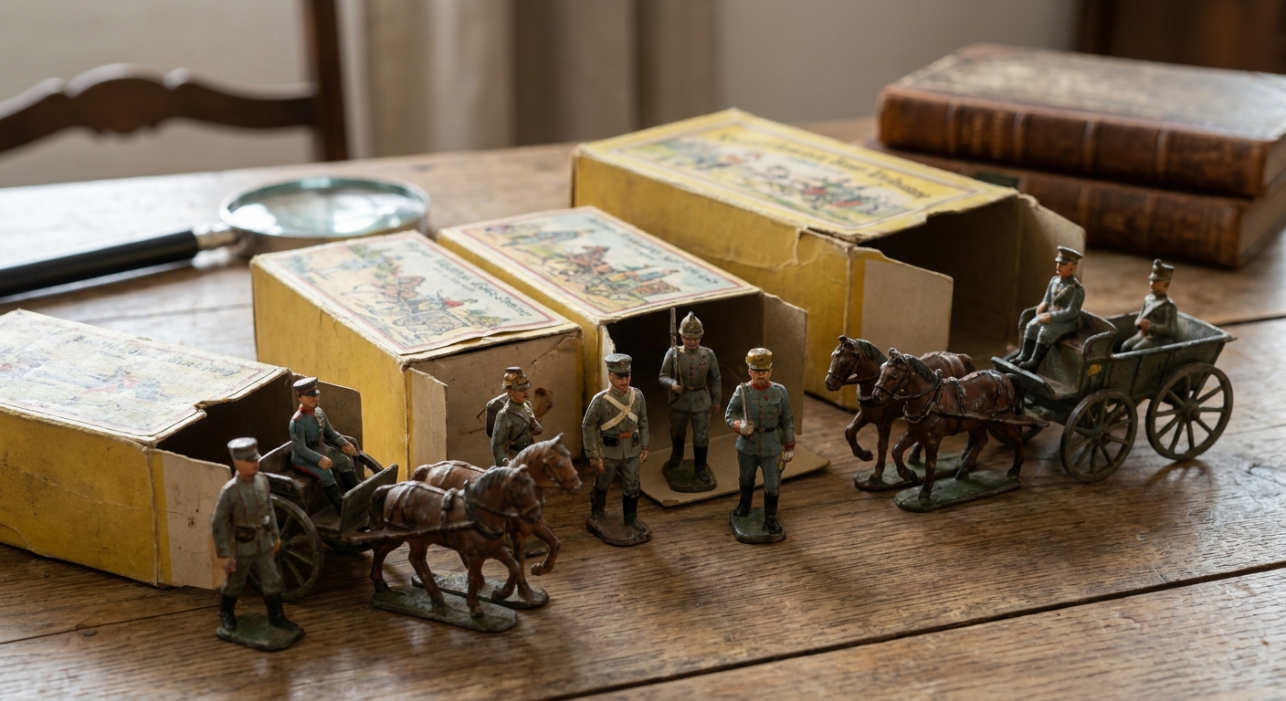 Diorama of vintage toy soldiers and horse-drawn carriages on a wooden table beside yellow boxes and a magnifying glass left edge